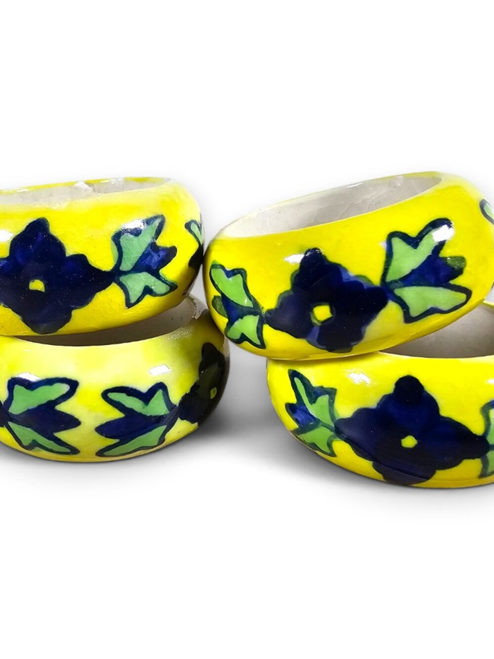 Pier 1 Napkin Rings Set of 4 Ceramic Yellow Blue Floral Boho Grandma *FLAWS